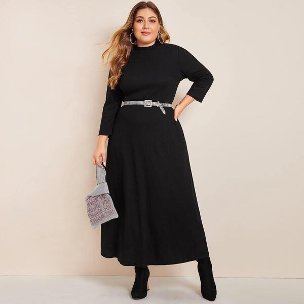 

Plus Mock Neck Rib-knit Dress Without Belt, Black