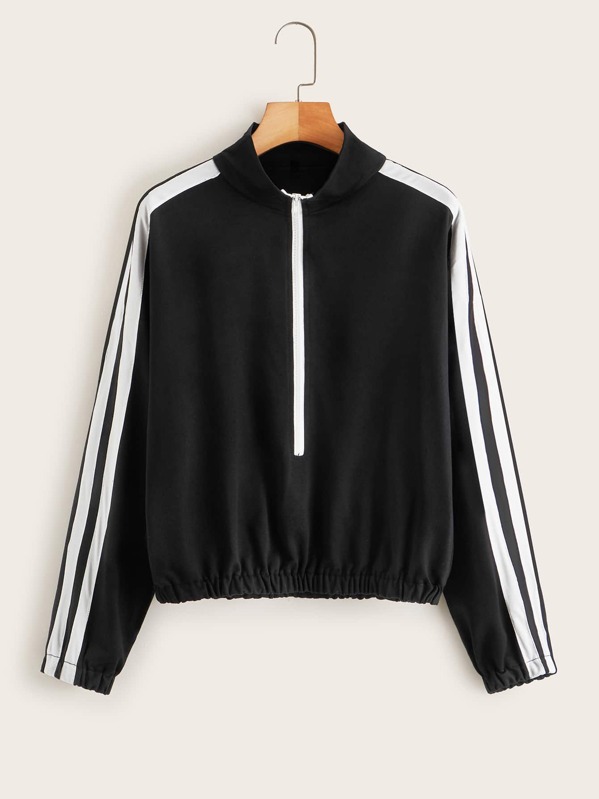 

Striped Zipper Front Elastic Hem Sweatshirt, Black
