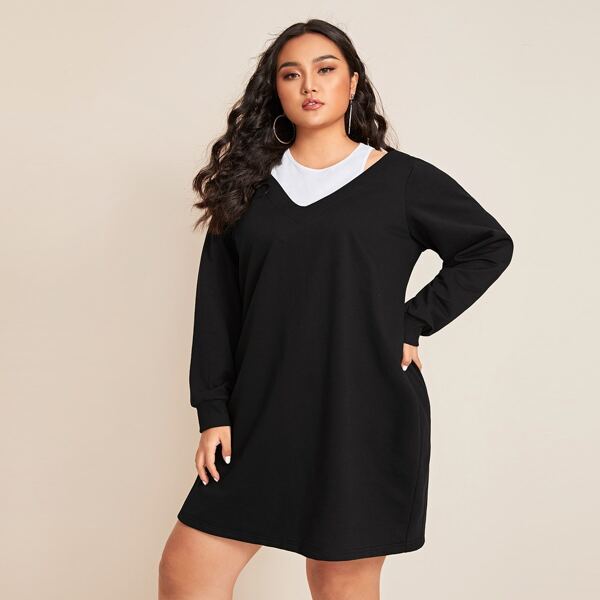 

Plus Colorblock Cut Out 2 In 1 Dress, Black
