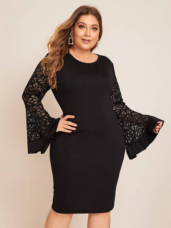 

Plus Lace Panel Bell Sleeve Bodycon Dress, Black, Carol