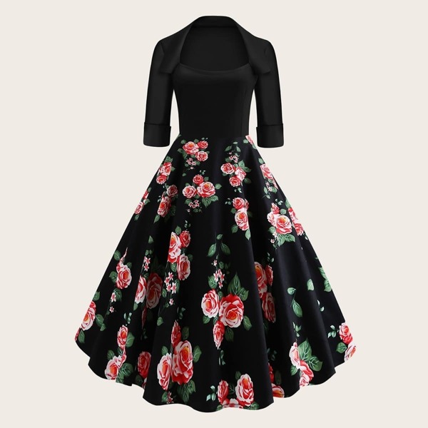

Plus Floral Print Ball Gown Dress, Multicolor