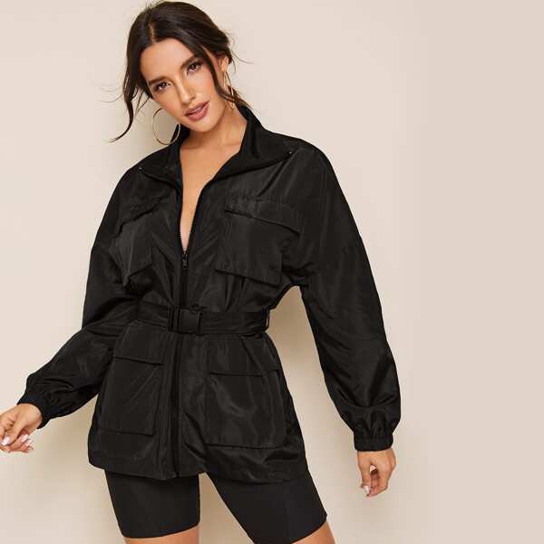 

Zip Up Pocket Patched Jacket With Push Buckle Belt, Black