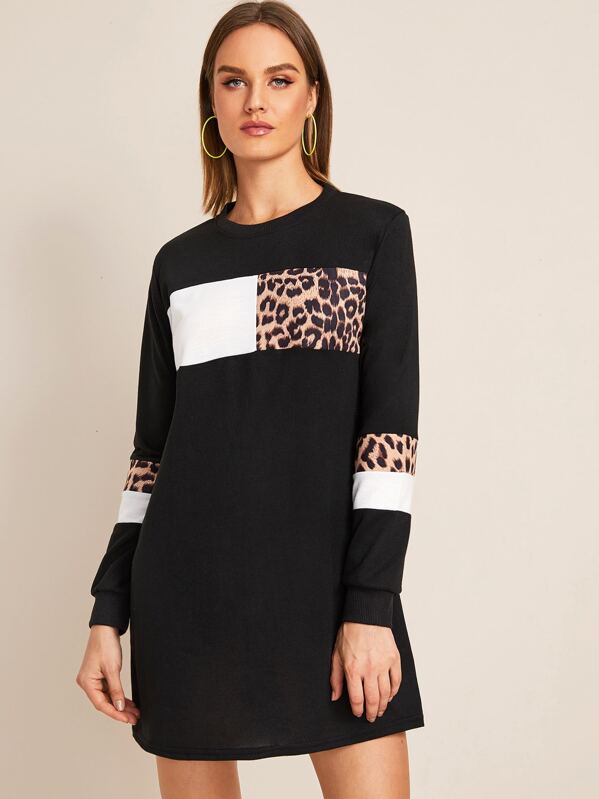 

Contrast Leopard Print Sweatshirt Dress, Black, Rasa