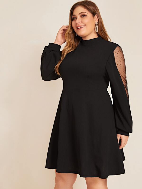 

Plus Dobby Mesh Panel Mock Neck Dress, Black, Carol