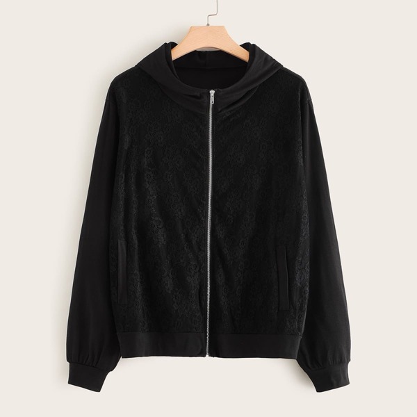 

Plus Lace Panel Zip Up Hooded Jacket