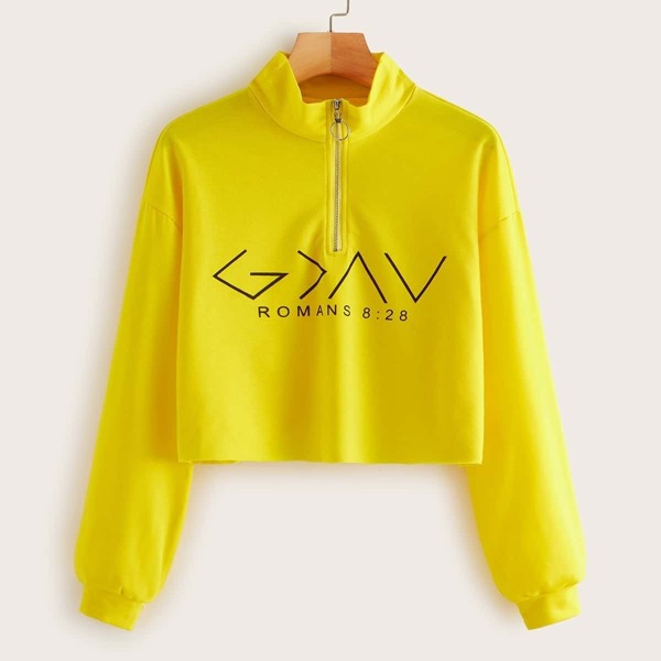 

O-ring Half Zip Letter Graphic Sweatshirt, Yellow bright