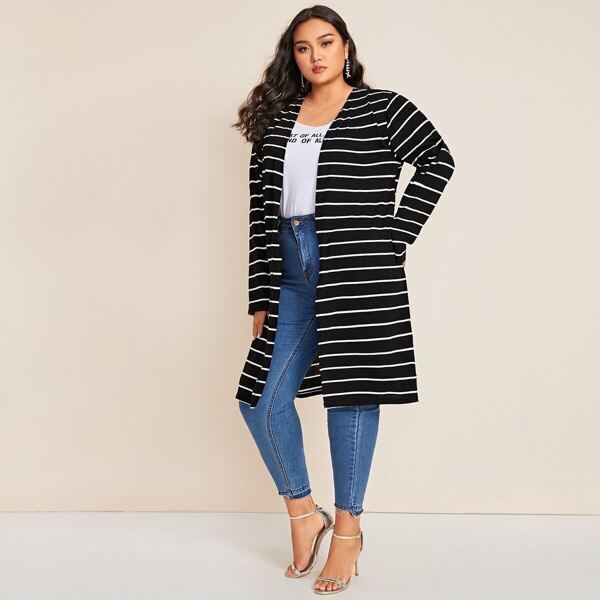

Plus Striped Open Front Coat, Black