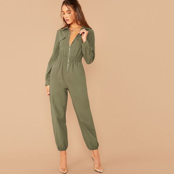 

Zipper Front Elastic Waist Flap Detail Jumpsuit, Army green