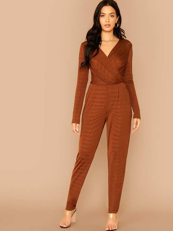 

Surplice Neck Jumpsuit, Brown, Rona Mahal