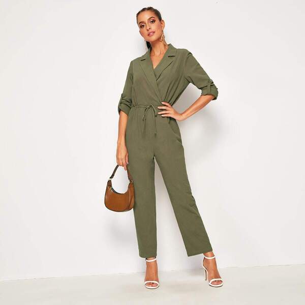 

Roll Tab Sleeve Drawstring Waist Wrap Jumpsuit, Army green