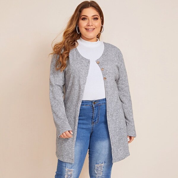 

Plus Solid Single Breasted Cardigan, Grey