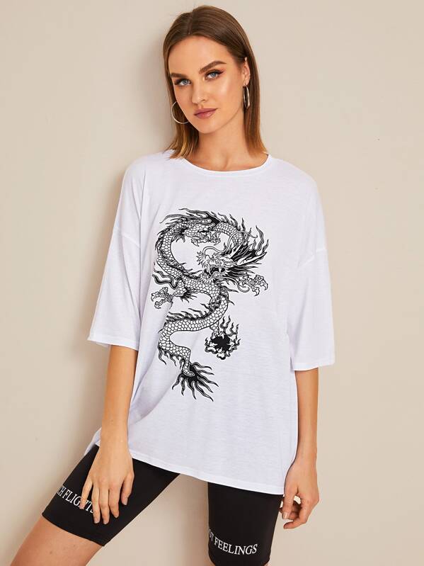 

Dragon Print Drop Shoulder Oversized Tee, White, Rasa
