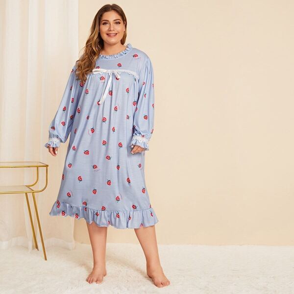 

Plus Ruffle Trim Strawberry Print Nightdress, Blue pastel