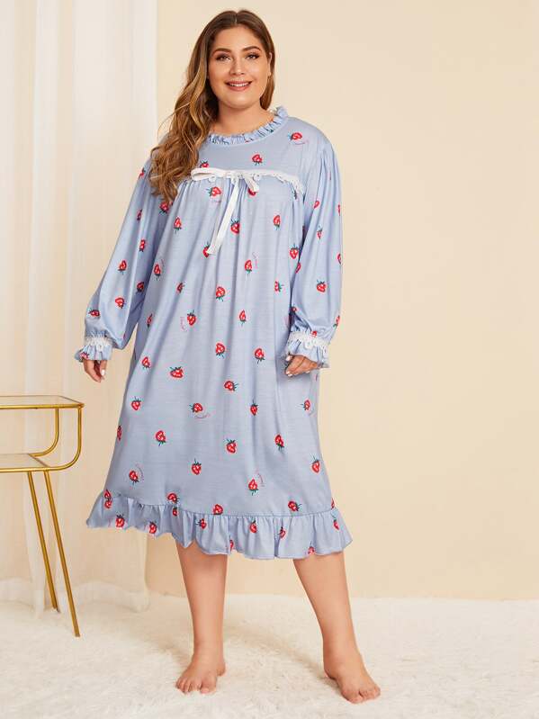 

Plus Ruffle Trim Strawberry Print Nightdress, Blue, Carol
