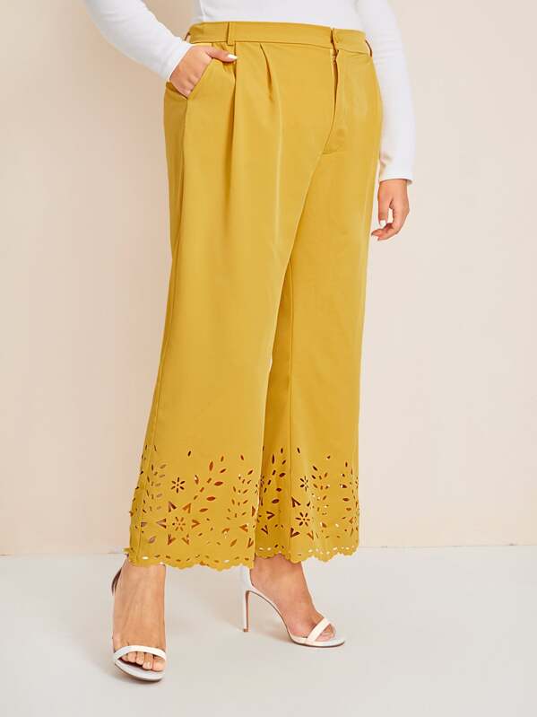 

Plus Laser Cut Wide Leg Pants, Yellow, Ma Tian