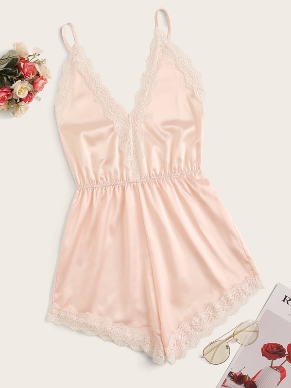 

Scalloped Lace Trim Satin Cami Romper, Pink