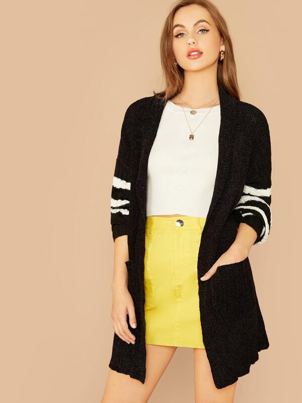 

Striped Sleeve Pocket Patched Cardigan, Black, Lily Easton