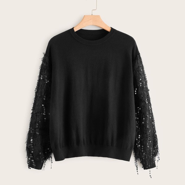 

Plus Contrast Sequin Drop Shoulder Sweater, Black