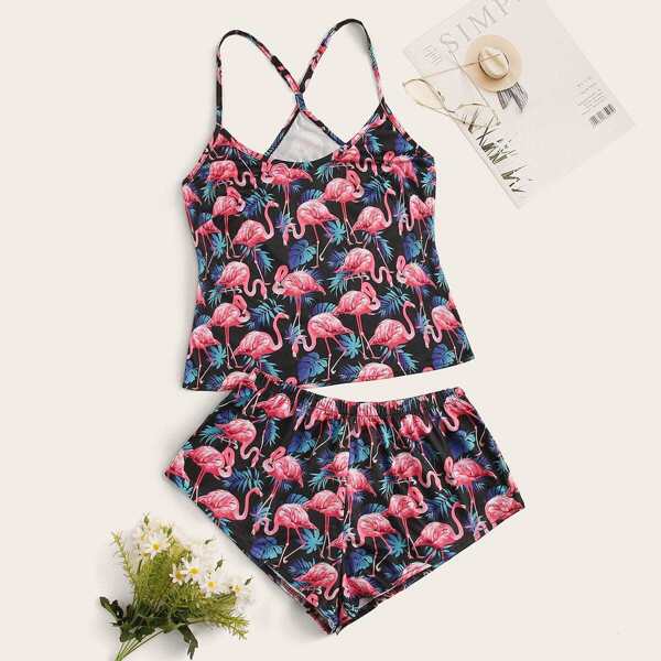 

Flamingo & Tropical Print Cami PJ Set, Multicolor