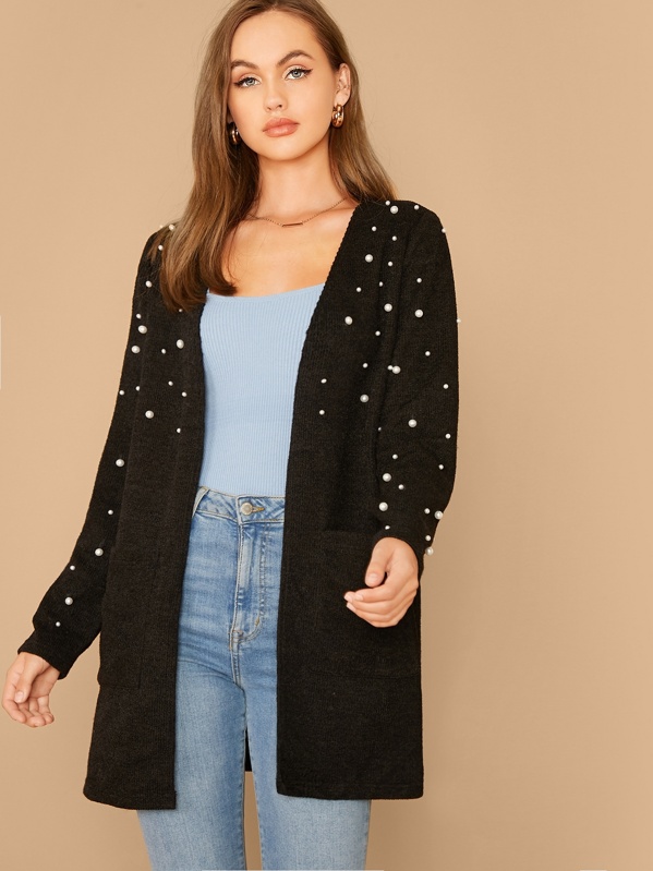

Pearls Beaded Pocket Detail Coat, Black, Lily Easton