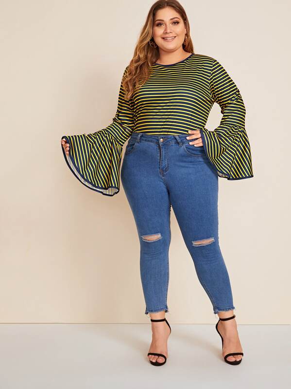 

Plus Striped Flounce Sleeve Tee, Multicolor, Carol