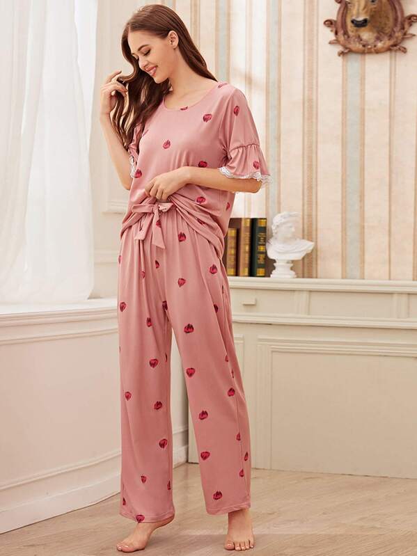 

Strawberry Print Lace Trim Pajama Set, Pink, Sonya