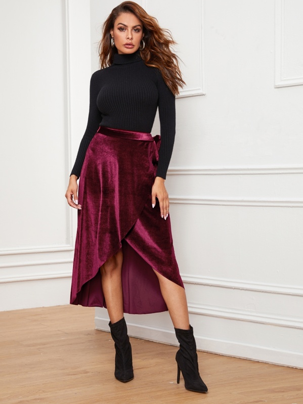 

Wrap Tie Side Velvet Skirt, Burgundy, Andy