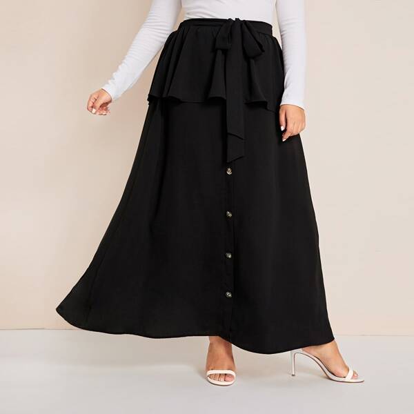 

Plus Tie Waist Ruffle Foldover Buttoned Skirt, Black
