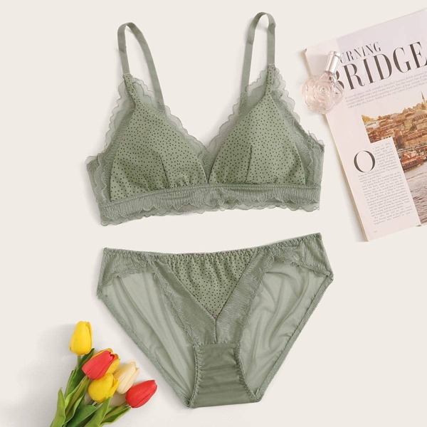 

Polka Dot Frill Trim Lingerie Set, Green