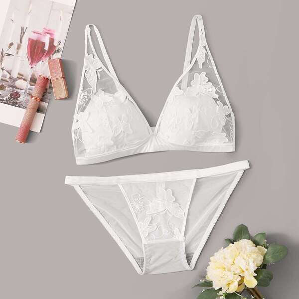 

Embroidered Mesh Lingerie Set