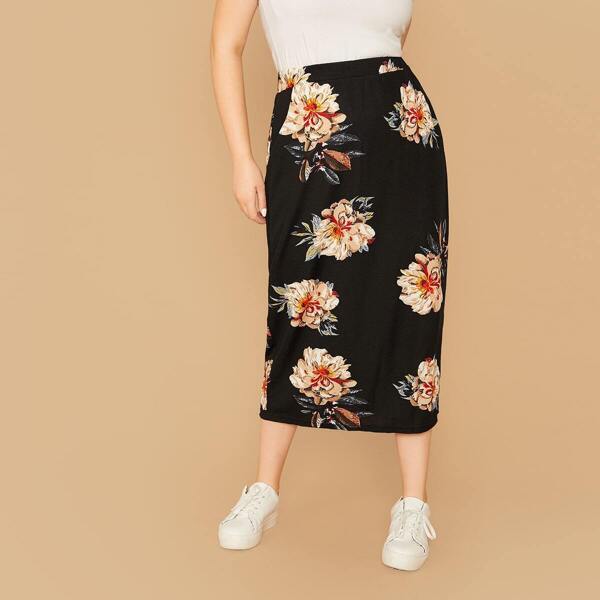 

Plus Floral Print Skirt, Black