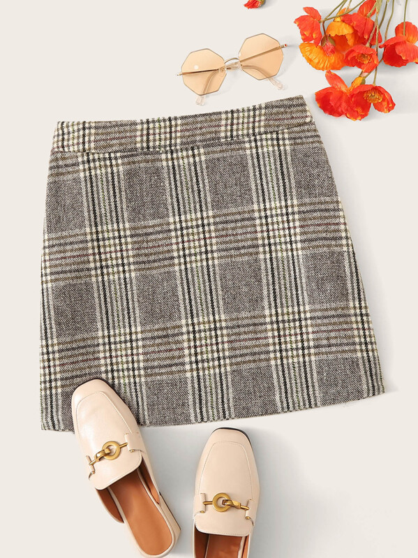 

Zip Detail Plaid Skirt, Grey