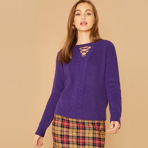 

Crisscross Front Cable Knit Sweater, Purple