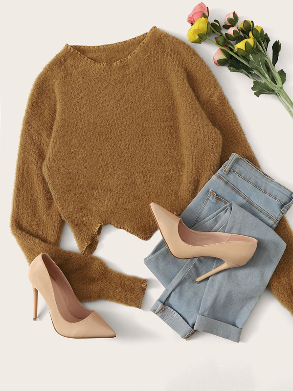 

Drop Shoulder Asymmetrical Hem Fuzzy Sweater, Brown