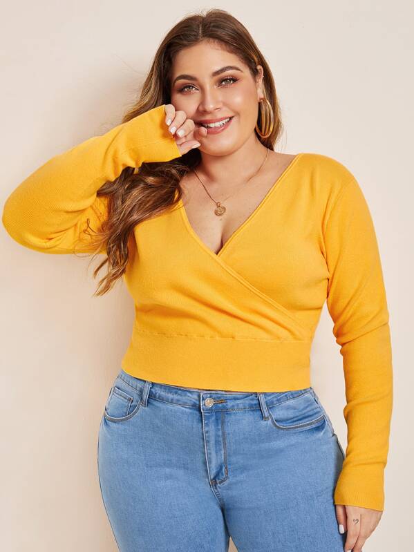 

Plus Surplice Neck Wide Hem Sweater, Yellow, Carol