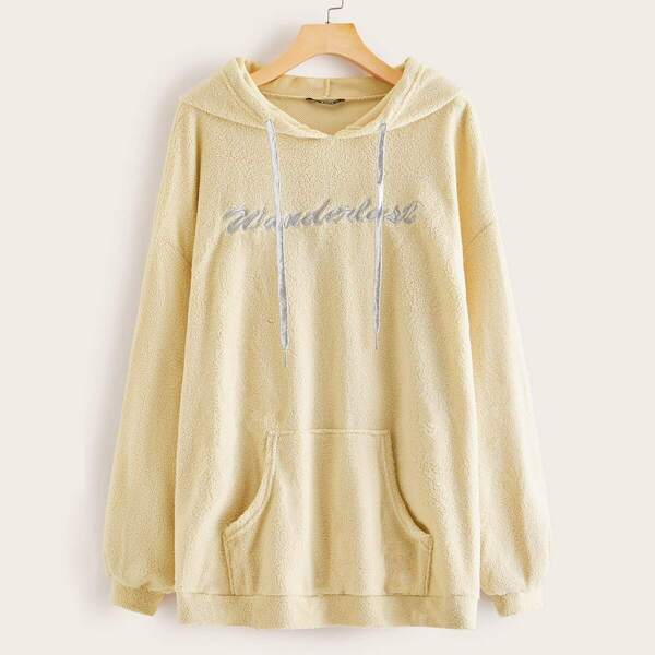 

Drop Shoulder Embroidery Pocket Front Drawstring Teddy Hoodie, Beige