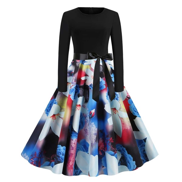 

Plus Floral Print Belted Ball Gown Dress, Multicolor