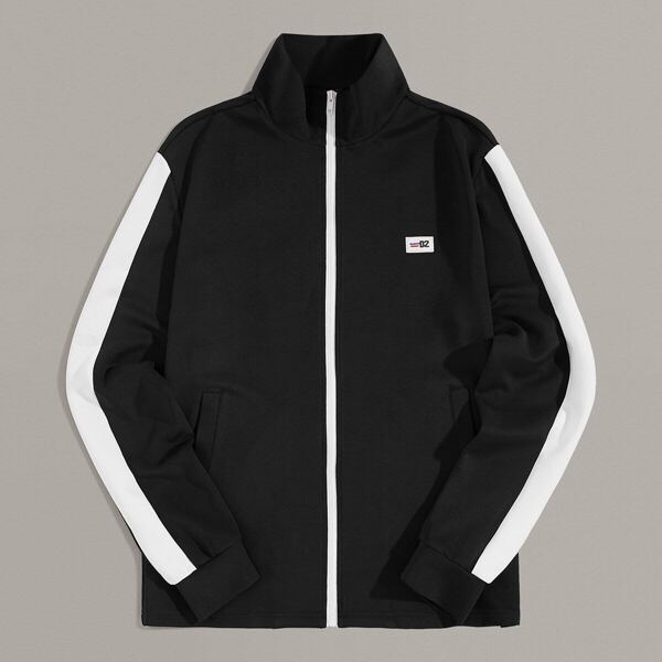 

Men Zip Up Patched Detail Contrast Sideseam Jacket, Black
