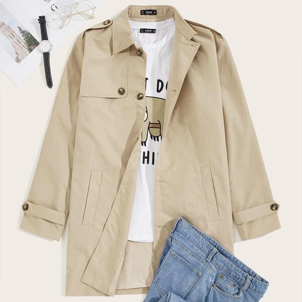 

Men Single Breasted Slant Pocket Trench Coat, Khaki