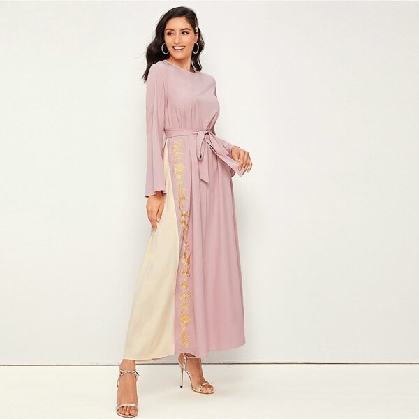 

Two Tone Embroidery Self Belted Dress, Pink pastel