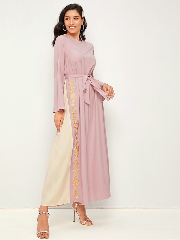 

Two Tone Embroidery Self Belted Dress, Pink, Jessica B
