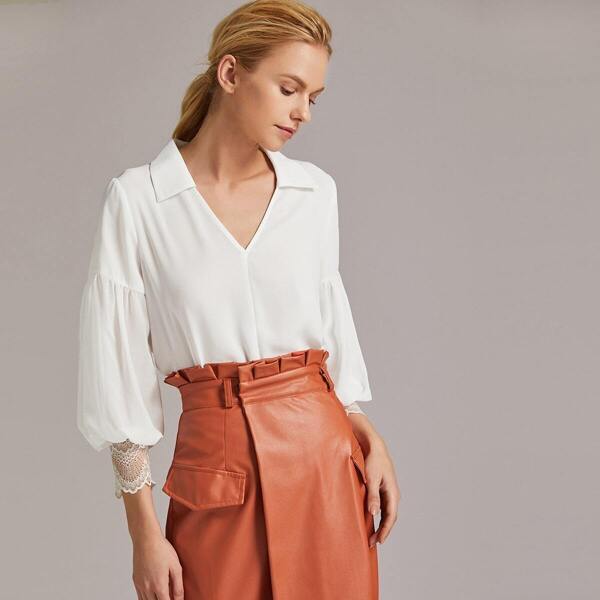 

Premium Notch Neck Lace Cuff Lantern Sleeve Top