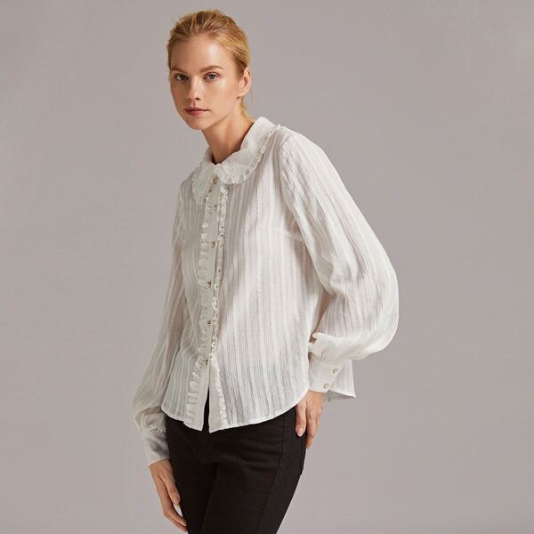 

Premium Button Front Frill Trim Blouse, White