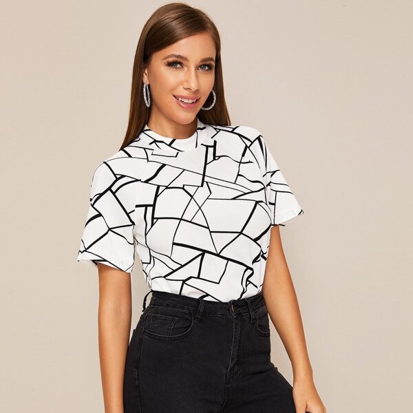 

Mock-Neck Raglan Sleeve Geo Print Top, White