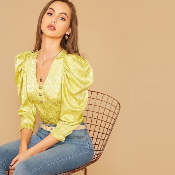 

Gigot Sleeve Button Front Jacquard Satin Bodysuit, Yellow bright
