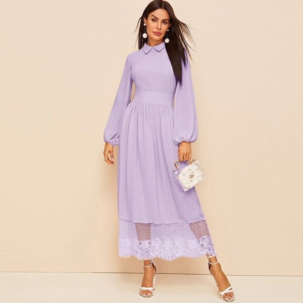 

Lantern Sleeve Lace Hem Dress, Purple pastel