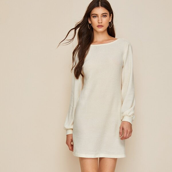 

Guipure Lace Trim Solid Dress, Beige pastel