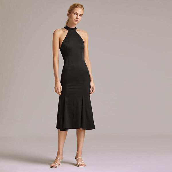 

Premium Fishtail Hem Bodycon Halter Dress, Black