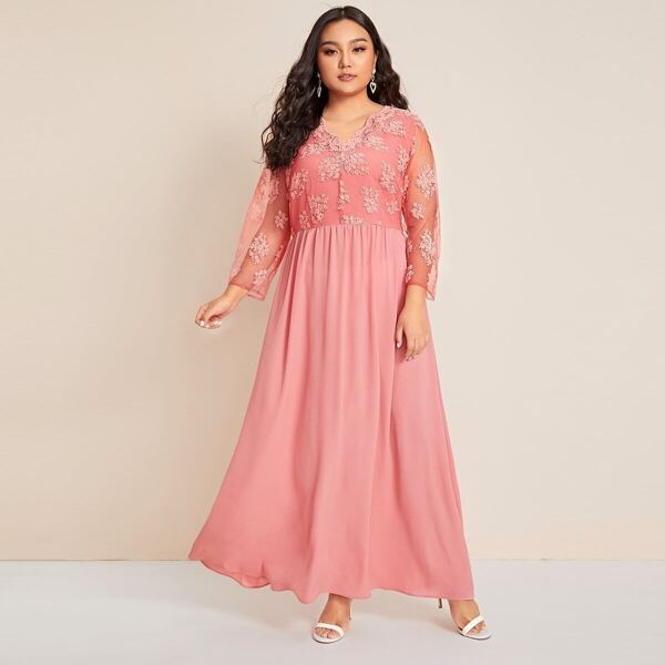 

Plus Embroidered Mesh Bodice Dress, Pink pastel