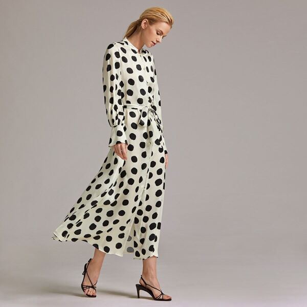 

Premium Button Front Flounce Sleeve Dot Print Belted Dress, Black and white